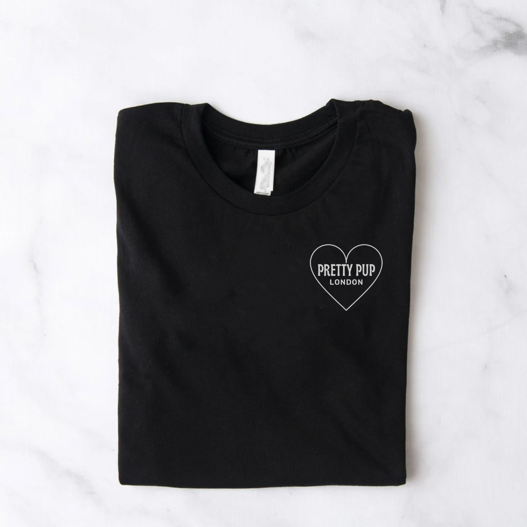 black slogan tee with pretty pup london logo