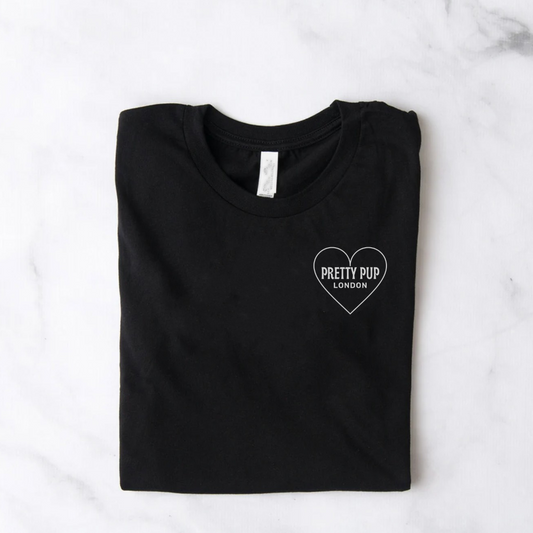 black slogan tee with pretty pup london logo