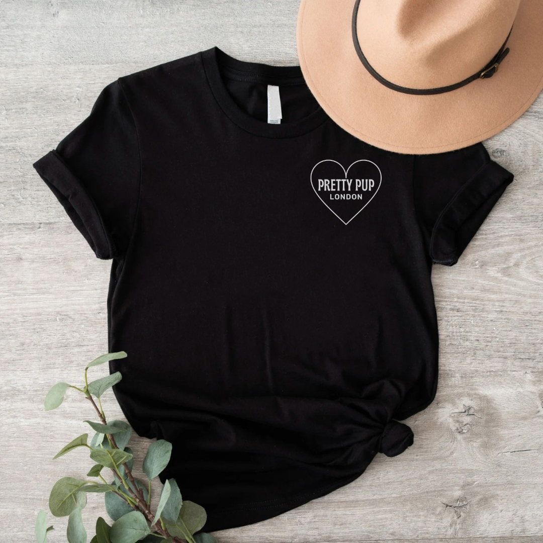 black slogan t-shirt with pretty pup london logo