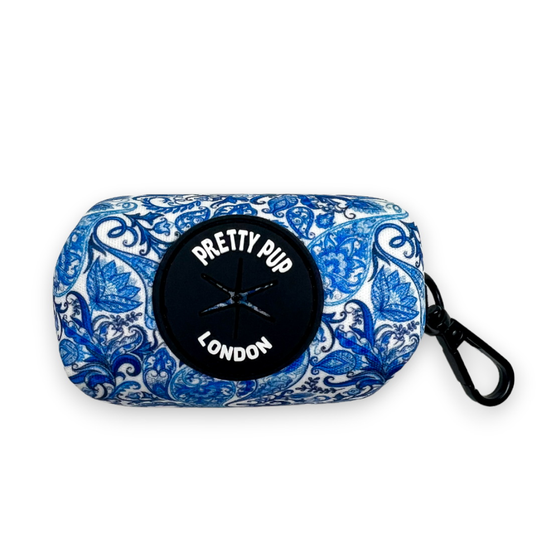 dog poo bag dispenser in blue paisley print