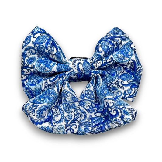 dog sailor bow in blue paisley print