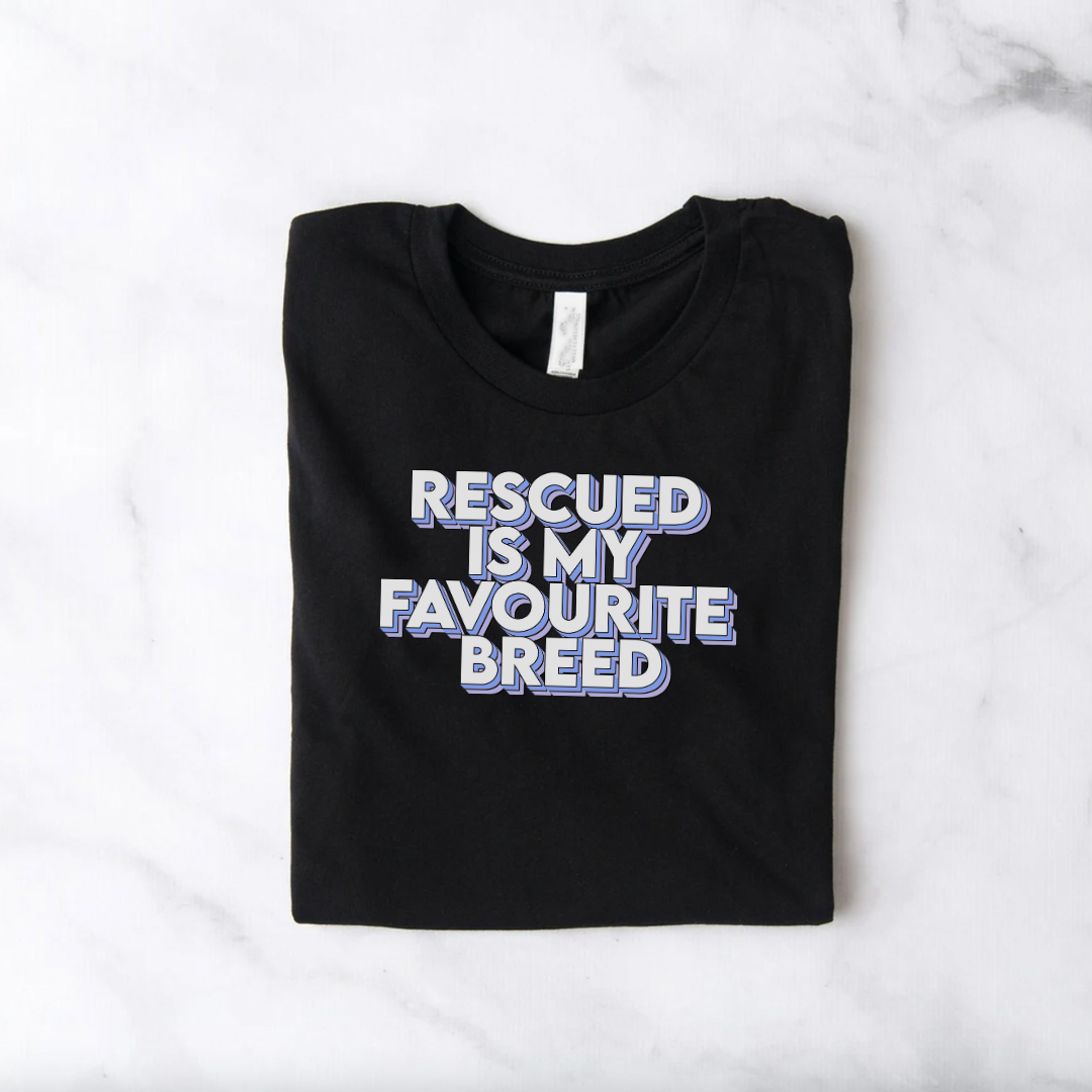 Black Slogan T Shirt | Rescued is my Favourite Breed | Blue