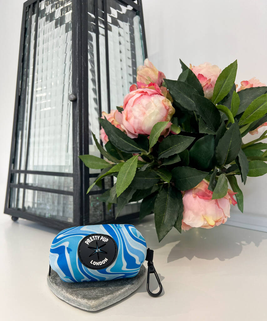 blue swirl dog poo bag dispenser in front of a lantern and jar of flowers