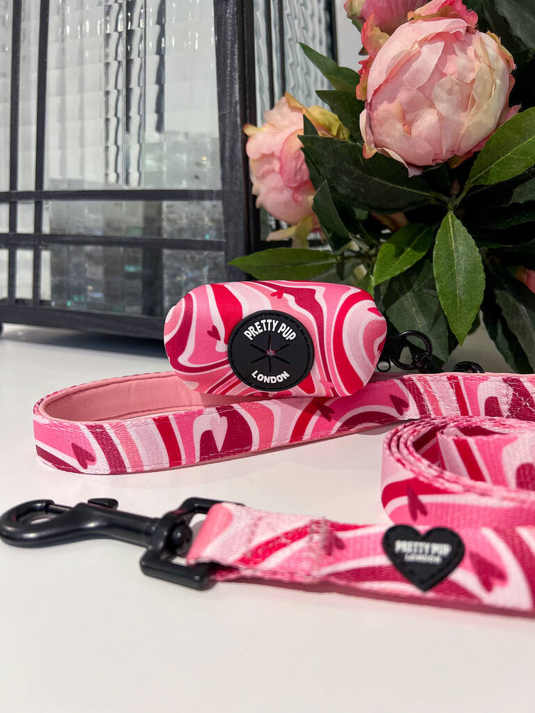 pink designer dog lead on a countertop with dog poo bag dispenser attached