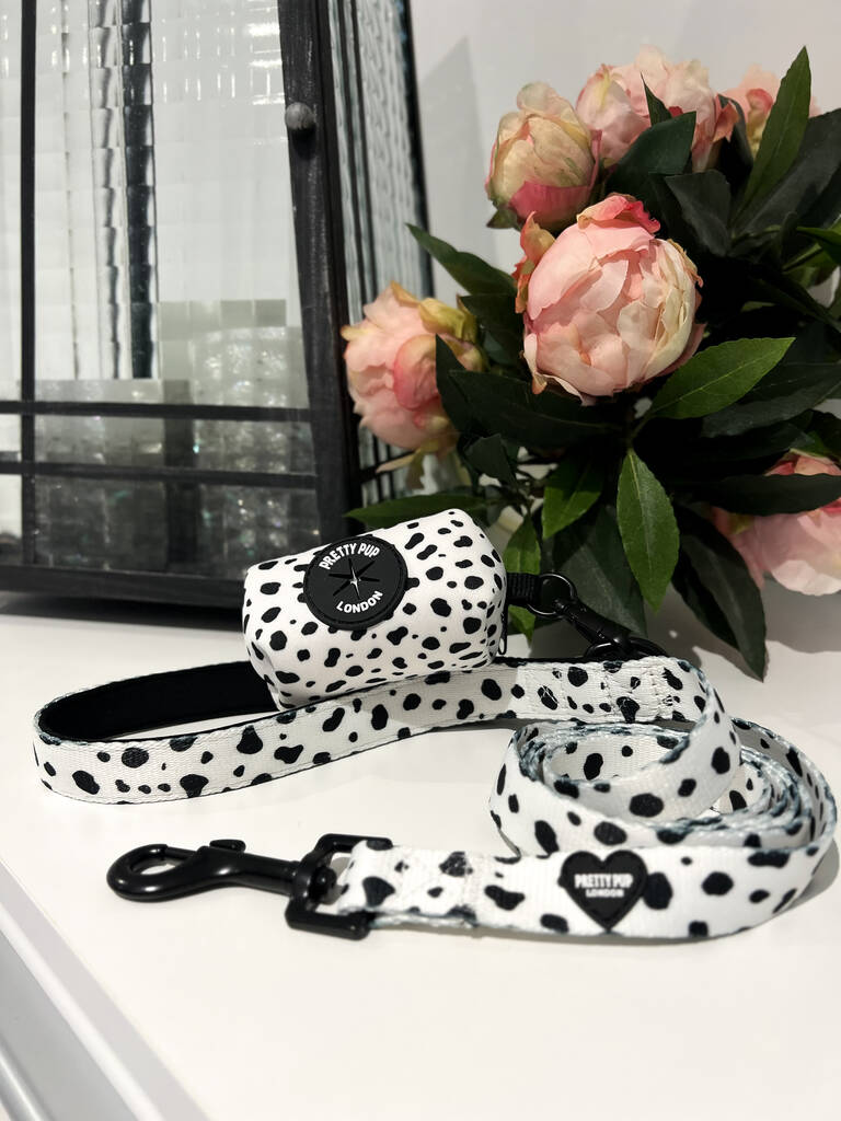 dalmatian print dog lead with matching dalmatian print dog poo bag dispenser attached to it