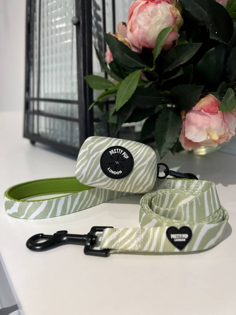 green zebra print dog poo bag dispenser attached to matching zebra print dog lead