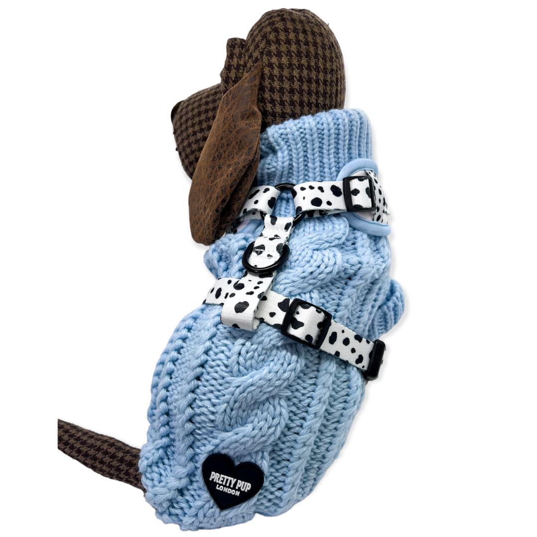 cosy knit dog jumper and polka dot dog harness