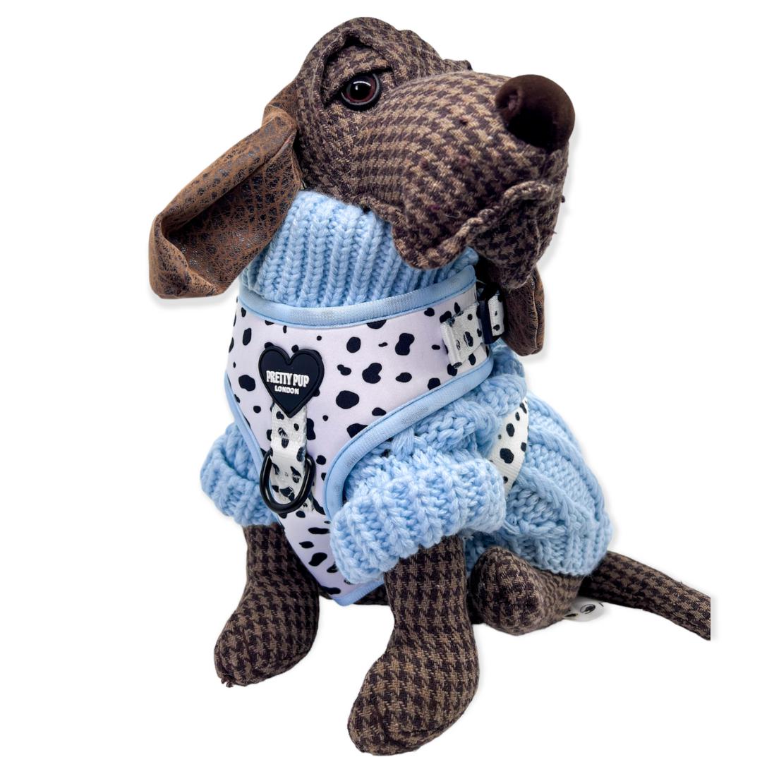 blue cable knit dog jumper and dalmatian print dog harness by pretty pup london