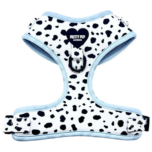 light blue dalmatian print adjustable dog harness