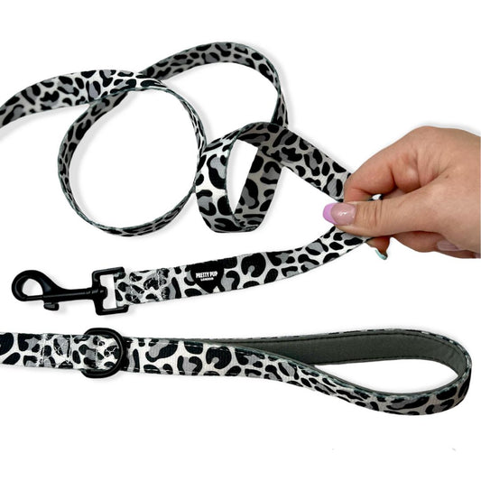 grey designer dog lead with leopard print pattern