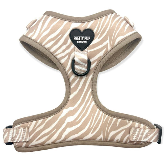 adjustable dog harness with beige zebra print by pretty pup london