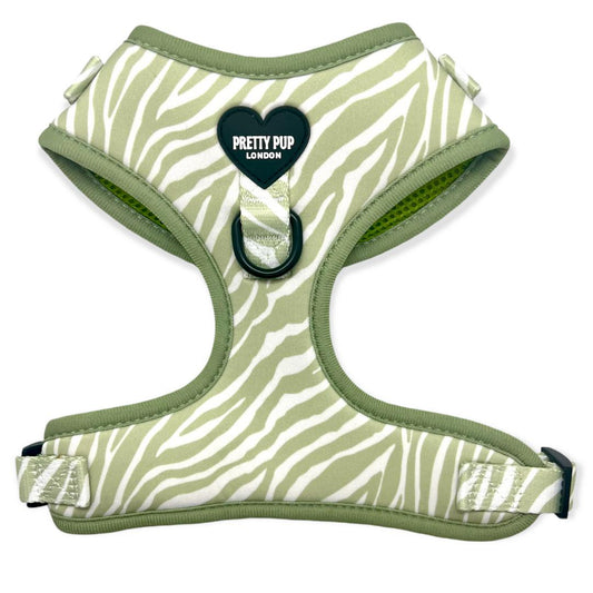 adjustable dog harness with green zebra print by pretty pup london